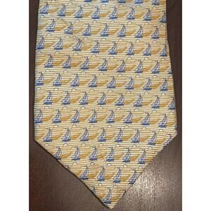 Tommy Hilfiger Gold Blue Sailboat Print 100% Silk Men’s Neck Tie Made In Usa